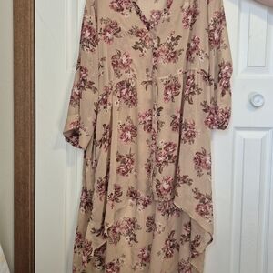 Torrid Cream and Pink High Low Sundress with Bishop Sleeves